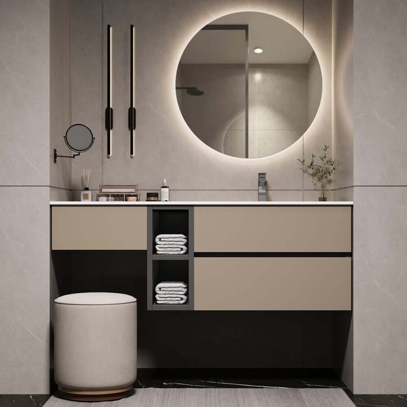 40" Modern Floating Bathroom Vanity Set with Single Sink & a Makeup Countertop in Khaki