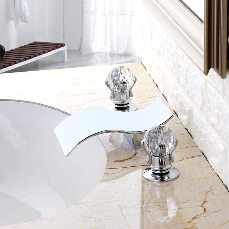 Deck Mount Widespread Waterfall 2 Crystal Handle Bathroom Sink Faucet Solid Brass