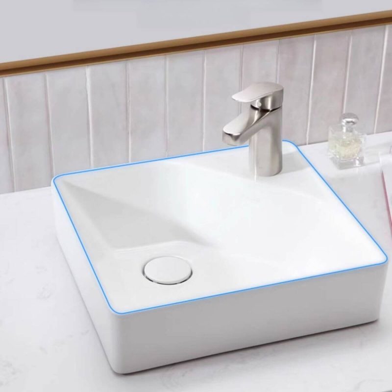 Art Deco Chalk Ceramic Rectangular Vessel Sink with Center Trapway, Sink