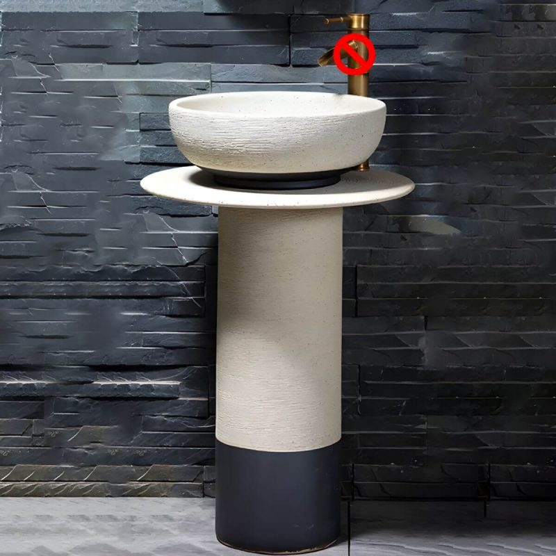 Modern Ceramic Circular Sink in Pedestal Style - Includes Faucet and Supply Lines - Sink Milky White-Black