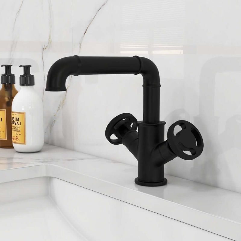 Ruth Industrial Pipe Matte Black 1-Hole Bathroom Sink Faucet Double Handles Solid Brass