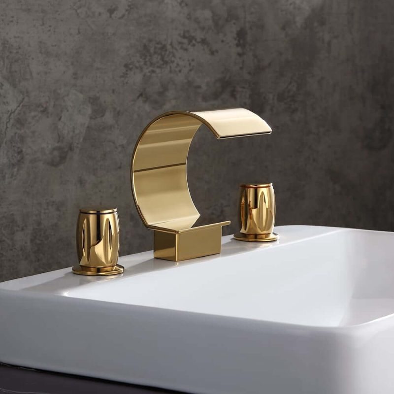 Mooni Modern Waterfall Widespread 2-Handle Bathroom Sink Faucet in Gold Solid Brass