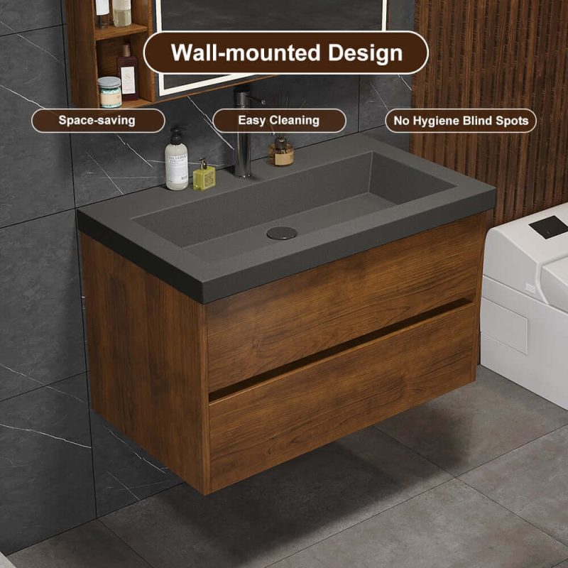 Bathroom Vanity Set 31.5" Modern Floating Concrete Bathroom Vanity Walnut with Sink
