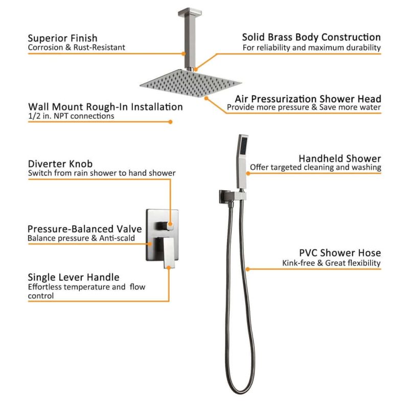 Commercial 12" Ceiling Mount Shower System Pressure Balance Valve & Trim Brushed Nickel