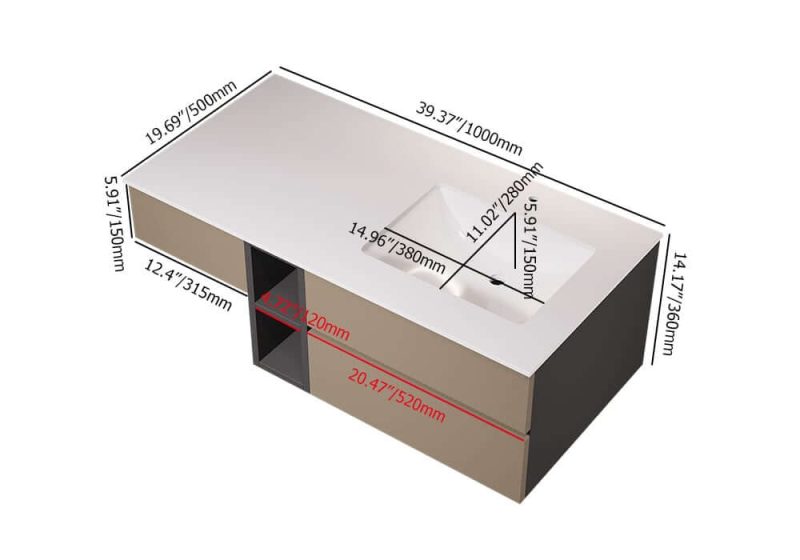 Dimension of 40" Modern Floating Bathroom Vanity Set with Single Sink & a Makeup Countertop in Khaki