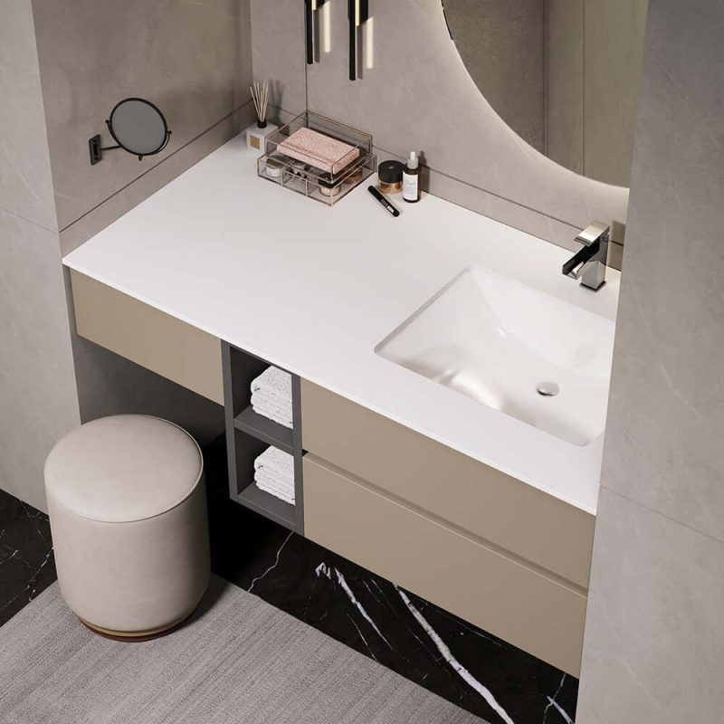40" Modern Floating Bathroom Vanity Set with Single Sink & a Makeup Countertop in Khaki