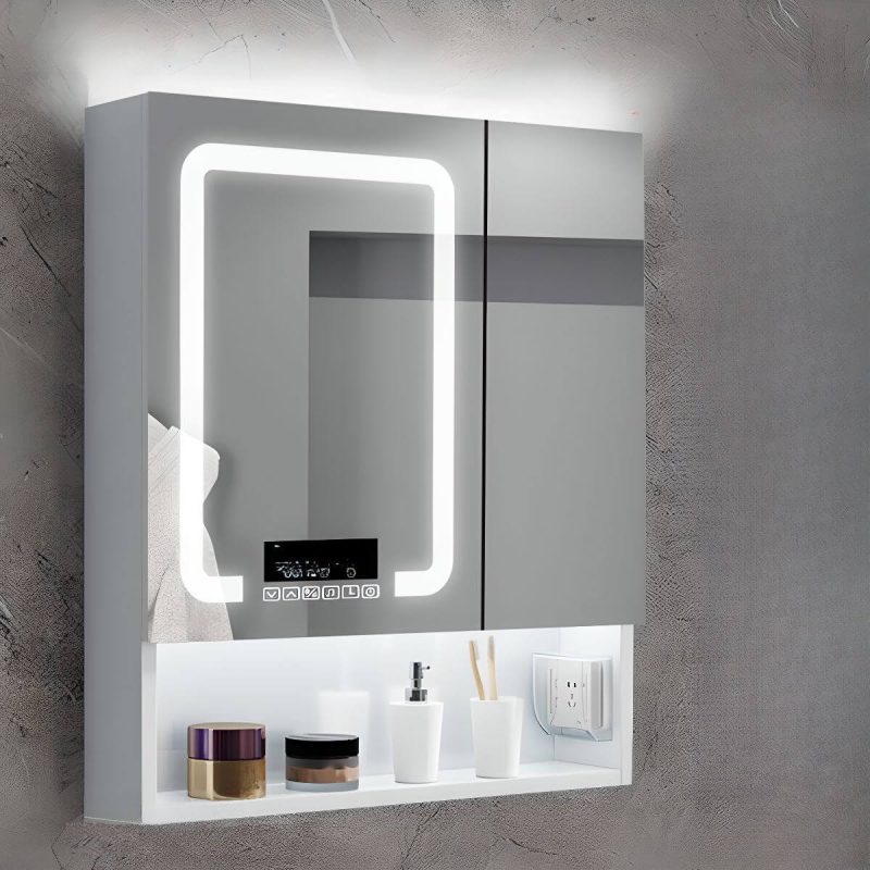 Stainless Steel Square White Medicine Cabinet with 5 Shelves, USB Outlet, Soft Close Door Hinge, and Illumination Light, 31"L x 5"W x 31"H