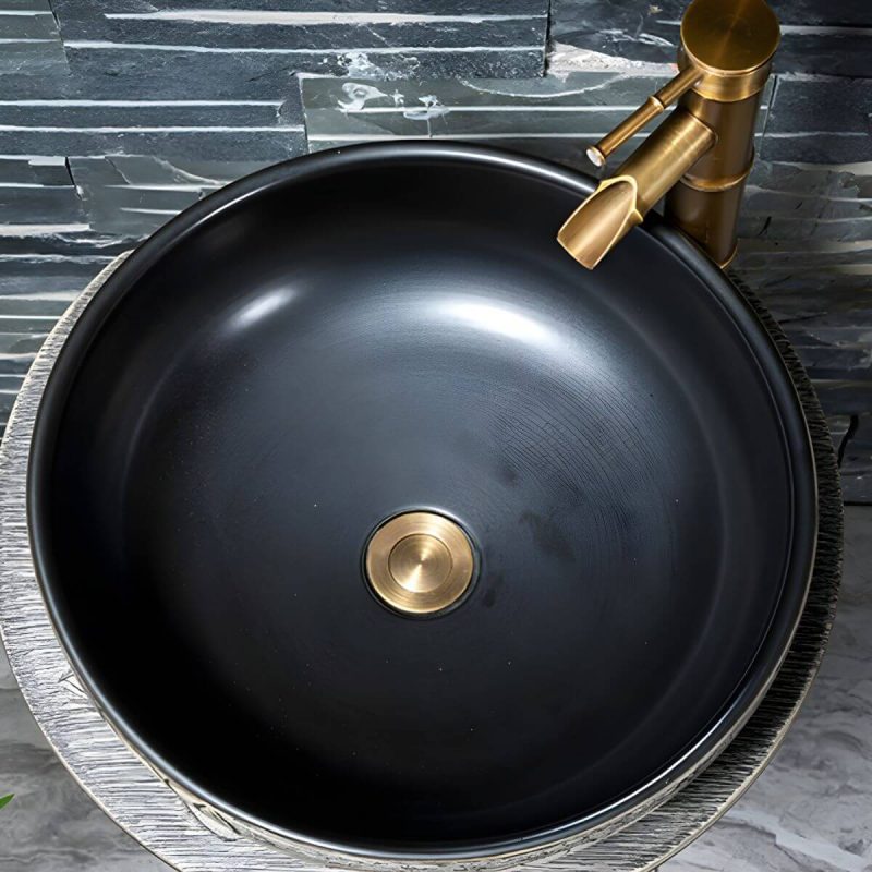 Modern Ceramic Circular Sink in Pedestal Style - Includes Faucet and Supply Lines - Sink with Faucet Black Marble