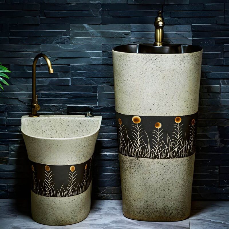 Modern Rectangular Ceramic Pedestal Sink - Includes Faucet and Supply Line - 42cm X 36cm X 79cm - Sink with Faucet Black/Gray
