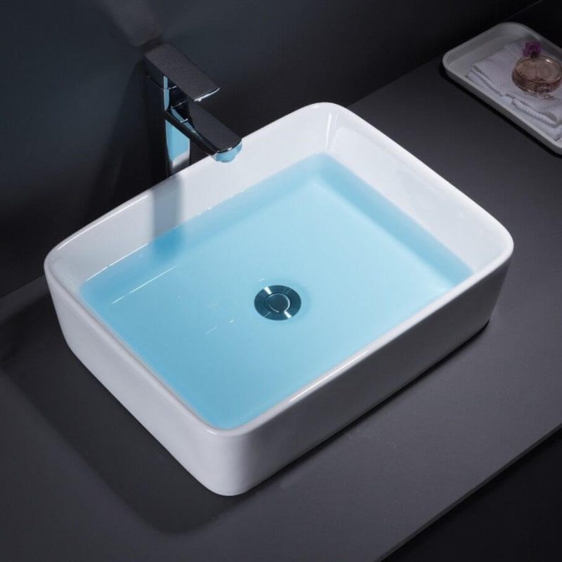 Chalk Ceramic Bowl Sink with 1 Hole, Supply Line, Center Trapway, Rectangular Shape, and Shutoff Valve, 19"L x 15"W x 5"H