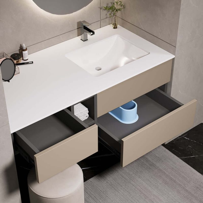 40" Modern Floating Bathroom Vanity Set with Single Sink & a Makeup Countertop in Khaki