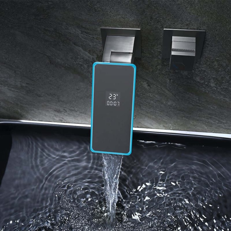Led Digital Temperature Display Bathroom Rotating Faucet in Dark Gray