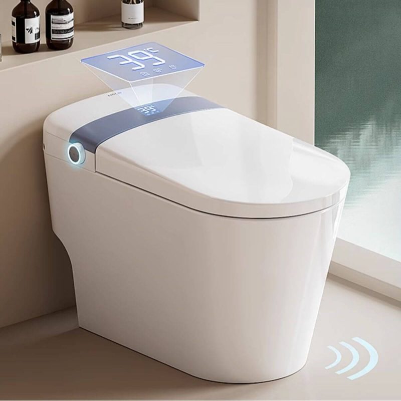 Contemporary Chalk One-Piece Toilet with Automatic Lid, Siphon Jet Flush, 12" Rough In, Concealed Tank in Polymerized Material