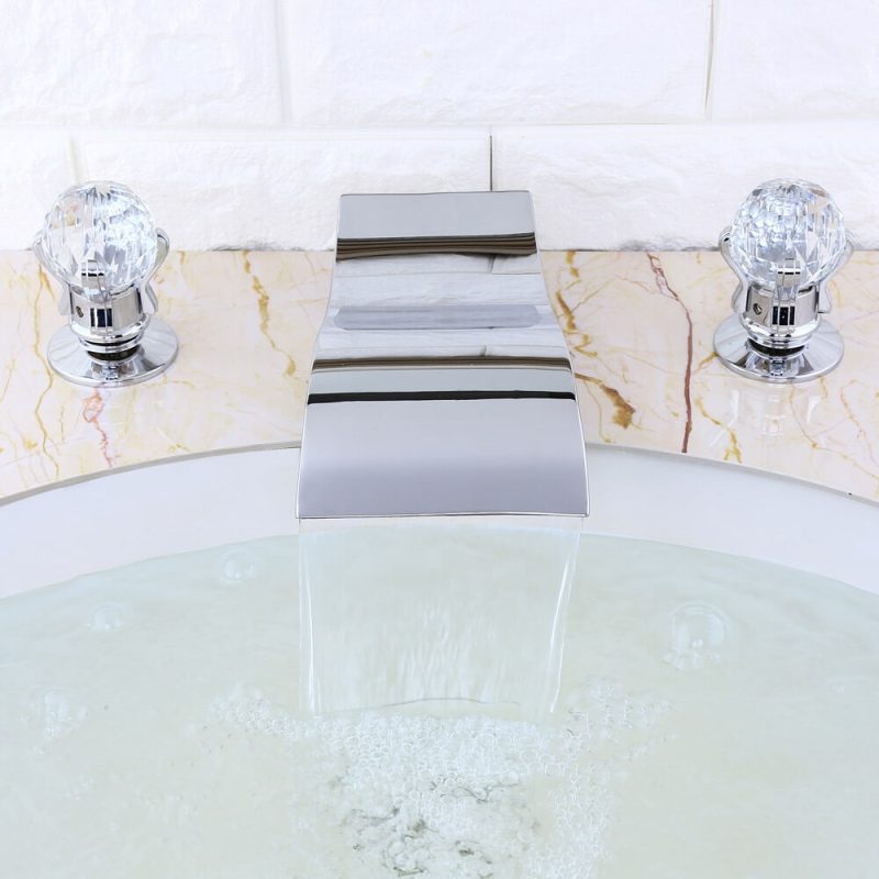 Deck Mount Widespread Waterfall 2 Crystal Handle Bathroom Sink Faucet Solid Brass