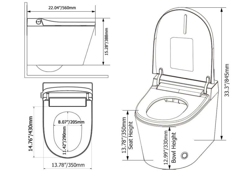 Dimension of Set of Two Automatic Wall-Mounted Smart Bidet Toilet with In-Wall Tank Black 1.58 GPF