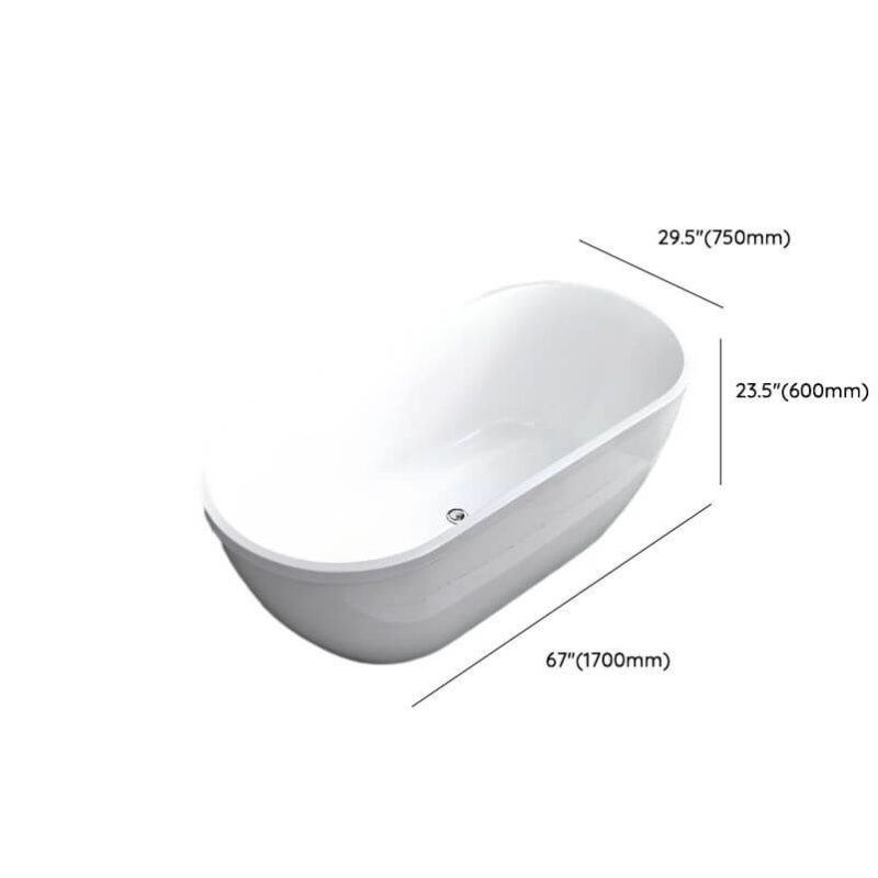 Dimension of Simple Chalk-Colored Plexiglass Oval Freestanding Bathtub, Roll Top, Soaking Bath Therapy, 67"L x 30"W x 24"H, Tub