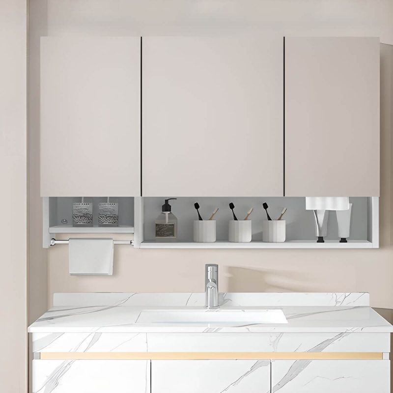Stainless Steel Rectangular White Medicine Cabinet with 8 Shelves, Soft Close Door Hinge, Rainproof, and Specular Mirror, 55"L x 5"W x 35"H, Ordinary Mirror Cabinet