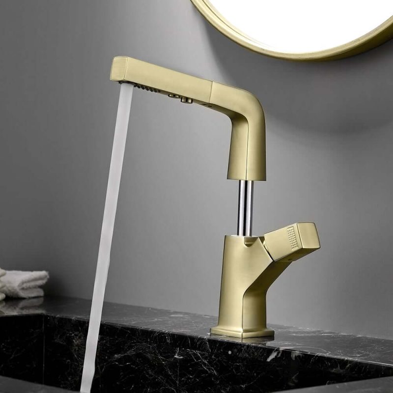 Brushed Gold Modern Single Hole Bathroom Sink Faucet Dual Function Pull-Out Spray Faucet