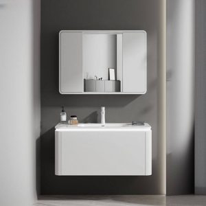 Chalk Spill Proof Bathroom Vanity with 1 Drawer, Shelf, 2 Doors, and Plug-in Medicine Cabinet, 32"L x 19"W x 20"H, Vanity & Mirror Cabinet