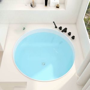 Plexiglass Orbicular Drop-in Bathtub with 3 Handles, Roll Top, Compression Faucet, Valve, Soaking, White, 47"L x 47"W x 27"H, Tub with Black 5-Piece Set