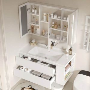 Chalk Bathroom Vanity with 2 Drawers, Watertight Plug-in Shelf, Backsplash, 1 Medicine Cabinet, Vanity & Faucet & Fully Sealed Smart Mirror Cabinet, 47"L x 20"W x 19"H