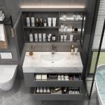 Metallic Faucet Finish Bathroom Vanity with Stone Sink, 5 Shelves, 1 Mirror, 2 Doors, Rectangular Shape, Wall Mounted, 35.4"L x 19.7"W x 21.7"H, Vanity & Faucet & Smart Medicine Cabinet
