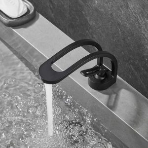 Modern Single Hole 1-Handle C-Shaped Spout Bathroom Sink Faucet in Black Solid Brass