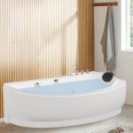 Arc Freestanding Bathtub with 3 Handles, Compression Faucet, Valve, Casual Style, White Color, and Back to Wall Design, Faucet Included, 51"L x 28"W x 25"H