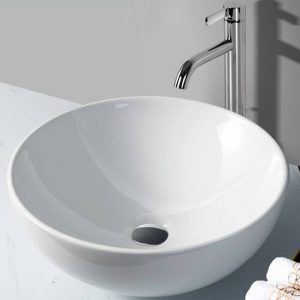 Simple White Ceramic Orbicular Bowl Sink with Center Trapway, Sink & Drain & Sewer