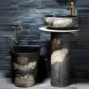 Modern Ceramic Circular Sink in Pedestal Style - Includes Faucet and Supply Lines - Sink Milky White-Black