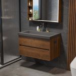 Bathroom Vanity Set 31.5" Modern Floating Concrete Bathroom Vanity Walnut with Sink