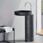 Modern White Engineered Stone Orbicular Pedestal Sink with Right Trapway and Pedestal, 24"L x 18"W x 34"H