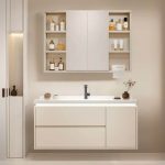 Ivory Art Deco Bathroom Vanity with 4 Doors, Moisture-proof, Ceramic Sink, Overflow Hole, and 1 Medicine Cabinet, Vanity & Faucet & Mirror Cabinet, 39"L x 19"W x 18"H
