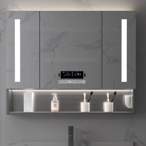 Stainless Steel Ink Rust Resistant Medicine Cabinet with 6 Shelves, 3 Doors, USB Outlet, and Mirror Defogger, 55"L x 5"W x 31"H