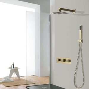 Wall Mounted Shower System Gold 8" Solid Brass with Hand Shower in Brushed