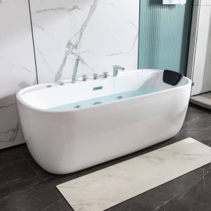 Whirlpool Freestanding Bathtub with Lighting System, Massage, 3 Handles, Compression Faucet, Oblong Shape, and Valve, 55"L x 31"W x 23.5"H