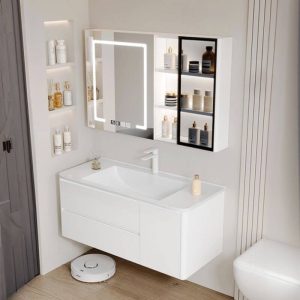 White Bathroom Vanity with 2 Doors, Ceramic Rectangular Sink, Backsplash, Minimalist Style, and Shelf, 32"L x 20"W x 20"H, Vanity & Faucet & Enclosed Mirror Cabinet