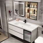 Spill Proof Chalk Stone Bathroom Vanity with 2 Drawers, Backsplash and Plug-in 1 Medicine Cabinet, 47"L x 20"W x 20"H, Bathroom Vanity & Faucet & Smart Mirror Cabinet with Glass Door