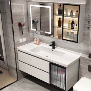 Spill Proof Chalk Stone Bathroom Vanity with 2 Drawers, Backsplash and Plug-in 1 Medicine Cabinet, 47"L x 20"W x 20"H, Bathroom Vanity & Faucet & Smart Mirror Cabinet with Glass Door