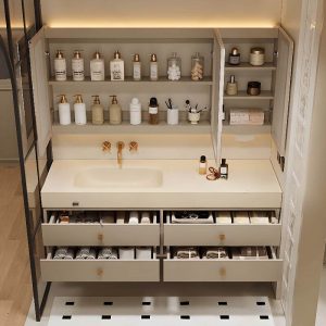 4 Drawers Bathroom Vanity with Gold Faucet, Shelves Not Included, 43.3"L x 19.7"W x 21.7"H, Vanity & Faucet & Smart Mirror