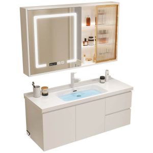 Chalk Bathroom Vanity with 4 Doors, Chalk Faucet, Wall Mounted Standard Installation, Drain Assembly, Overflow Hole & Plug-in, Vanity & Faucet & Smart Medicine Cabinet, 40"L x 19"W x 18"H