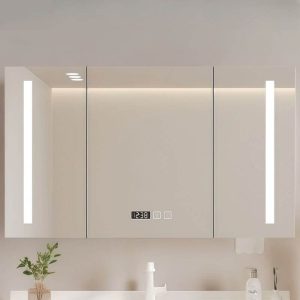 Beige 4 Shelves Medicine Cabinet with 3 Doors, Mirror Defogger, Rust Resistant, Lighting System & Rectangle Shape, 59"L x 5"W x 28"H
