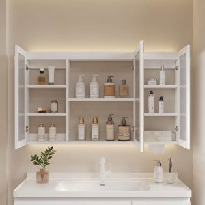 4 Shelves White Medicine Cabinet with Illumination Light, Rectangle Shape, Hydrophobic Resistance, Plug-in, and Mirroring, 27"L x 5"W x 28"H