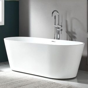 Freestanding Bathtub with Roll Top, Oval Shape, Casual Style, White Plexiglass Soaking Design, 59"L x 31"W x 24"H