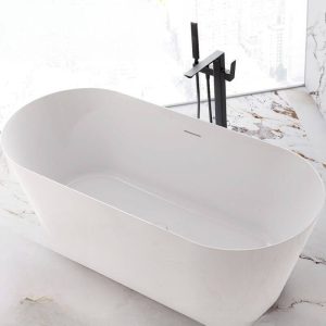 Freestanding Bathtub with Roll Top Design, Oval Shape, Casual Style, White Color, Plexiglass Material, and Soaking Feature