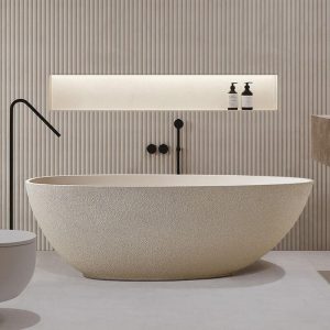 Beige Freestanding Bathtub with Roll Top Oval Design in Casual Style for Soaking, 63"L x 34"W x 22"H