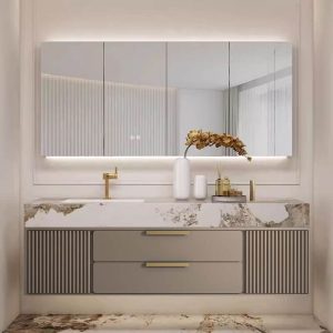 Gold Faucet Bathroom Vanity with White Top & 5 Doors & Stone Countertop & Cabinet Hardware & Plug-in & 1 Medicine Cabinet, 71"L x 22"W x 20"H, Bathroom Vanity & Faucet & Smart Square Mirror