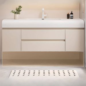 White Sintered Stone Spill Proof Bathroom Vanity with Plug-in 1 Medicine Cabinet, Cream Base and 4 Doors, 47.2"L x 19.7"W x 21.7"H, Bathroom Vanity & Faucet & Smart Mirror Cabinet with Glass Door