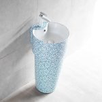 Light Blue Ceramic Orbicular Pedestal Bathroom Sink with Pedestal, Shutoff Valve, Supply Line, 1 Hole, and Center Trapway, Blue-White, Sink with Faucet