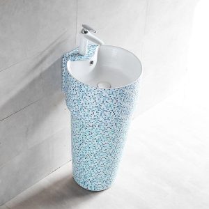Light Blue Ceramic Orbicular Pedestal Bathroom Sink with Pedestal, Shutoff Valve, Supply Line, 1 Hole, and Center Trapway, Blue-White, Sink with Faucet